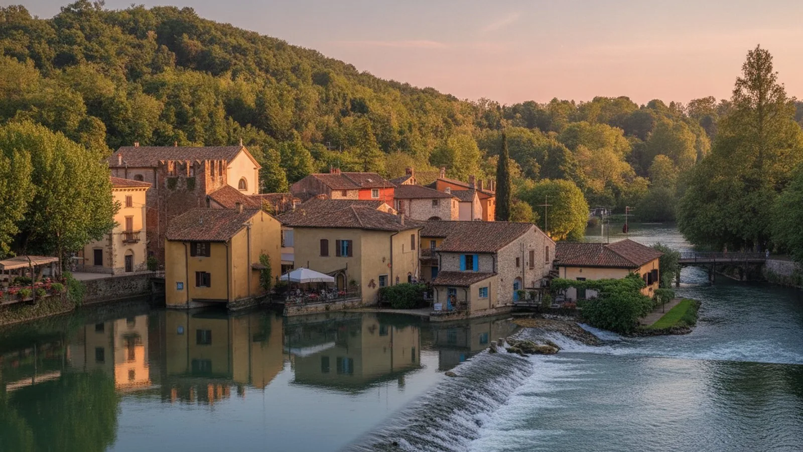 Le case e i mulini di Borghetto sul Mincio riflessi nell'acqua del fiume