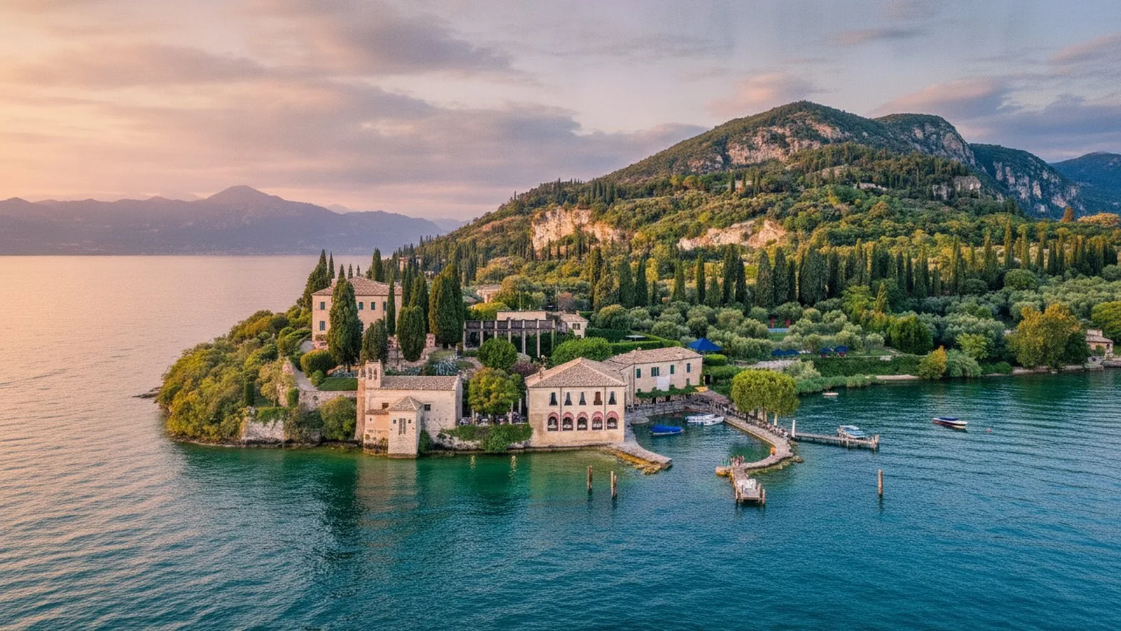 Veduta del Lago di Garda al tramonto con un promontorio alberato che entra nell'acqua